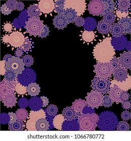 Winter Background with Delicate Snowflakes. Round Orient Patterns on Black Ground. Stylish Dark Pattern with Outline Arabesque Motives. Gentle Snowflakes Drawn in Indian Style and Looking as Mandalas.