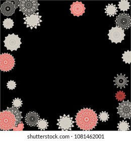 Winter Background with Delicate Snowflakes. Round Orient Patterns on Black Ground. Stylish Dark Pattern with Outline Arabesque Motives. Gentle Snowflakes Drawn in Indian Style and Looking as Mandalas.