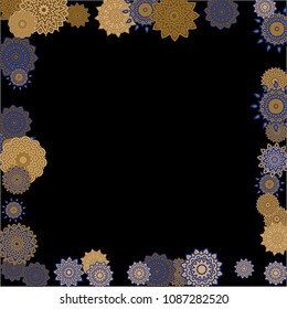 Winter Background with Delicate Snowflakes. Round Orient Patterns on Black Ground. Stylish Dark Pattern with Outline Arabesque Motives. Gentle Snowflakes Drawn in Indian Style and Looking as Mandalas.