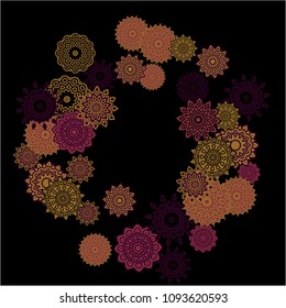 Winter Background with Delicate Snowflakes. Round Orient Patterns on Black Ground. Stylish Dark Pattern with Outline Arabesque Motives. Gentle Snowflakes Drawn in Indian Style and Looking as Mandalas.