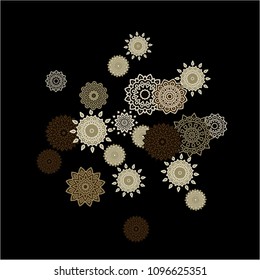 Winter Background with Delicate Snowflakes. Round Orient Patterns on Black Ground. Stylish Dark Pattern with Outline Arabesque Motives. Gentle Snowflakes Drawn in Indian Style and Looking as Mandalas.