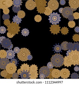 Winter Background with Delicate Snowflakes. Round Orient Patterns on Black Ground. Stylish Dark Pattern with Outline Arabesque Motives. Gentle Snowflakes Drawn in Indian Style and Looking as Mandalas.