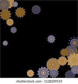 Winter Background with Delicate Snowflakes. Round Orient Patterns on Black Ground. Stylish Dark Pattern with Outline Arabesque Motives. Gentle Snowflakes Drawn in Indian Style and Looking as Mandalas.