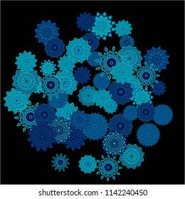 Winter Background with Delicate Snowflakes. Round Orient Patterns on Black Ground. Stylish Dark Pattern with Outline Arabesque Motives. Gentle Snowflakes Drawn in Indian Style and Looking as Mandalas.
