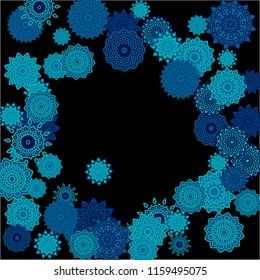 Winter Background with Delicate Snowflakes. Round Orient Patterns on Black Ground. Stylish Dark Pattern with Outline Arabesque Motives. Gentle Snowflakes Drawn in Indian Style and Looking as Mandalas.
