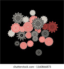 Winter Background with Delicate Snowflakes. Round Orient Patterns on Black Ground. Stylish Dark Pattern with Outline Arabesque Motives. Gentle Snowflakes Drawn in Indian Style and Looking as Mandalas.