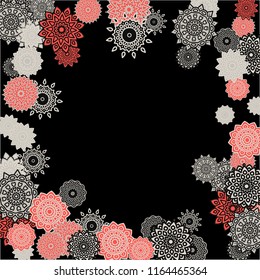 Winter Background with Delicate Snowflakes. Round Orient Patterns on Black Ground. Stylish Dark Pattern with Outline Arabesque Motives. Gentle Snowflakes Drawn in Indian Style and Looking as Mandalas.