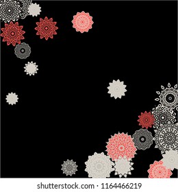 Winter Background with Delicate Snowflakes. Round Orient Patterns on Black Ground. Stylish Dark Pattern with Outline Arabesque Motives. Gentle Snowflakes Drawn in Indian Style and Looking as Mandalas.
