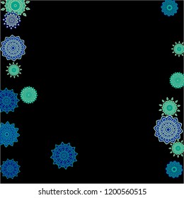 Winter Background with Delicate Snowflakes. Round Orient Patterns on Black Ground. Stylish Dark Pattern with Outline Arabesque Motives. Gentle Snowflakes Drawn in Indian Style and Looking as Mandalas.