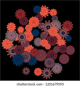 Winter Background with Delicate Snowflakes. Round Orient Patterns on Black Ground. Stylish Dark Pattern with Outline Arabesque Motives. Gentle Snowflakes Drawn in Indian Style and Looking as Mandalas.