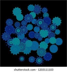 Winter Background with Delicate Snowflakes. Round Orient Patterns on Black Ground. Stylish Dark Pattern with Outline Arabesque Motives. Gentle Snowflakes Drawn in Indian Style and Looking as Mandalas.