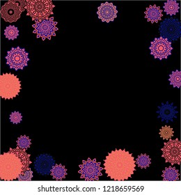 Winter Background with Delicate Snowflakes. Round Orient Patterns on Black Ground. Stylish Dark Pattern with Outline Arabesque Motives. Gentle Snowflakes Drawn in Indian Style and Looking as Mandalas.