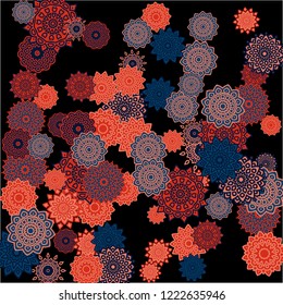 Winter Background with Delicate Snowflakes. Round Orient Patterns on Black Ground. Stylish Dark Pattern with Outline Arabesque Motives. Gentle Snowflakes Drawn in Indian Style and Looking as Mandalas.