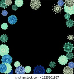 Winter Background with Delicate Snowflakes. Round Orient Patterns on Black Ground. Stylish Dark Pattern with Outline Arabesque Motives. Gentle Snowflakes Drawn in Indian Style and Looking as Mandalas.