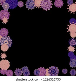 Winter Background with Delicate Snowflakes. Round Orient Patterns on Black Ground. Stylish Dark Pattern with Outline Arabesque Motives. Gentle Snowflakes Drawn in Indian Style and Looking as Mandalas.
