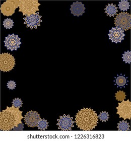 Winter Background with Delicate Snowflakes. Round Orient Patterns on Black Ground. Stylish Dark Pattern with Outline Arabesque Motives. Gentle Snowflakes Drawn in Indian Style and Looking as Mandalas.