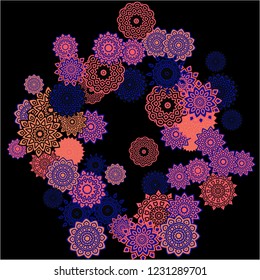 Winter Background with Delicate Snowflakes. Round Orient Patterns on Black Ground. Stylish Dark Pattern with Outline Arabesque Motives. Gentle Snowflakes Drawn in Indian Style and Looking as Mandalas.