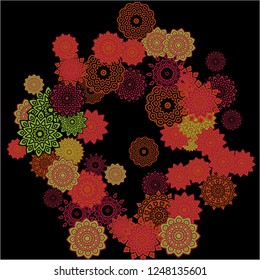 Winter Background with Delicate Snowflakes. Round Orient Patterns on Black Ground. Stylish Dark Pattern with Outline Arabesque Motives. Gentle Snowflakes Drawn in Indian Style and Looking as Mandalas.