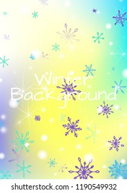 Winter Background with Delicate Snowflakes and Shiny Lights. Festive Background for Christmas Decoration, Textile, Cover. Vertical A4 Vector Background.