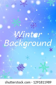 Winter Background with Delicate Snowflakes and Shiny Lights. Festive Background for Christmas Decoration, Brochure, Card. Vertical A4 Vector Background.