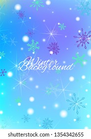 Winter Background with Delicate Snowflakes and Shiny Lights. Festive Background for Christmas Decoration, Wrapping, Paper. Vertical A4 Vector Background.