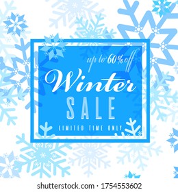 Winter background design with drawn lettering and shiny and bright snowflakes in frame. Fashion sale or new collection banner.