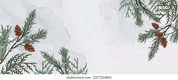 Winter background design with fir branches and cones, fir, watercolor brush texture. Winter botanical watercolor hand drawing. Abstract artistic wallpaper	