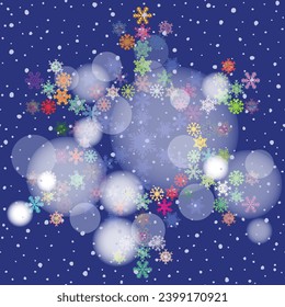 Winter background design, multicolored snowflake, bokeh effect, vector illustration