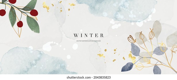 Winter background design  with watercolor brush texture, Flower and botanical leaves watercolor hand drawing. Abstract art wallpaper design for wall arts, wedding and VIP invite card.  Vector EPS10