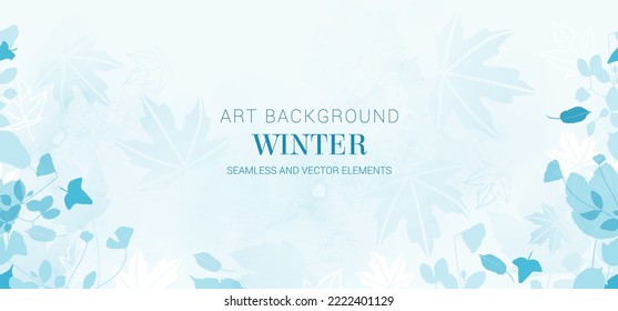 Winter background design with watercolor brush texture, Flower and botanical leaves watercolor hand drawing