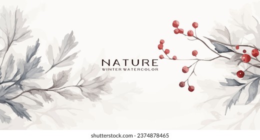 Winter background design with watercolor brush texture, Flower and botanical leaves watercolor hand drawing. Abstract art wallpaper design for wall arts, wedding and VIP invite card.