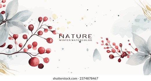 Winter background design with watercolor brush texture, Flower and botanical leaves watercolor hand drawing. Abstract art wallpaper design for wall arts, wedding and VIP invite card.