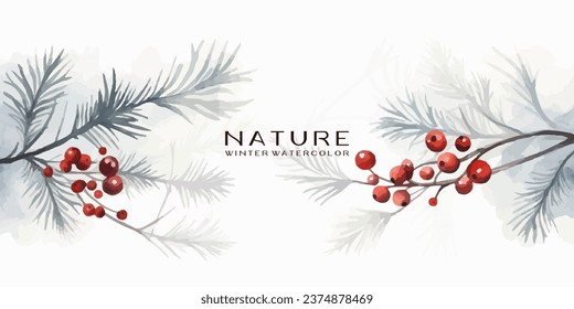 Winter background design with watercolor brush texture, Flower and botanical leaves watercolor hand drawing. Abstract art wallpaper design for wall arts, wedding and VIP invite card.
