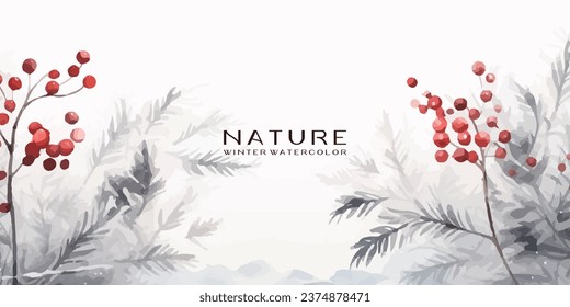 Winter background design with watercolor brush texture, Flower and botanical leaves watercolor hand drawing. Abstract art wallpaper design for wall arts, wedding and VIP invite card.