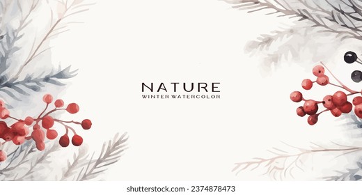 Winter background design with watercolor brush texture, Flower and botanical leaves watercolor hand drawing. Abstract art wallpaper design for wall arts, wedding and VIP invite card.