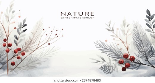 Winter background design with watercolor brush texture, Flower and botanical leaves watercolor hand drawing. Abstract art wallpaper design for wall arts, wedding and VIP invite card.