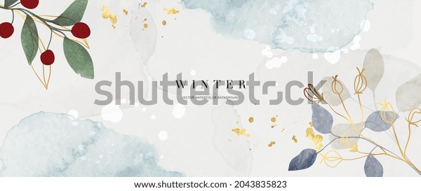 Winter background design  with watercolor brush\
texture, Flower and botanical leaves watercolor hand drawing.\
Abstract art wallpaper design for wall arts, wedding and VIP invite\
card.  Vector EPS10