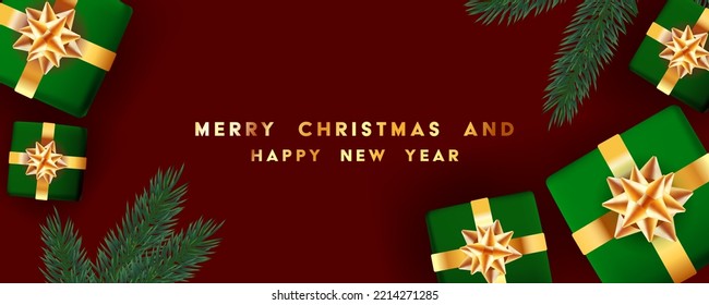 Winter background with different gifts, Christmas tree and Merry Christmass and happy new year text. Winter holidays, bow, Santa, present. Celebrate concept.