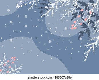 Winter background with different types of branches and snow