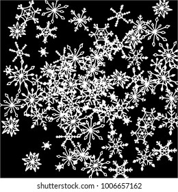Winter Background with Doodle Snowflakes. Black and White Christmas Decoration. Cute Vector Pattern for Card, Poster, Banner. Frosty Cartoon Background in Trendy Style. Simple Hand Drawn Snowflakes