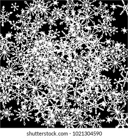 Winter Background with Doodle Snowflakes. Black and White Christmas Decoration. Cute Vector Pattern for Card, Poster, Banner. Frosty Cartoon Background in Trendy Style. Simple Hand Drawn Snowflakes