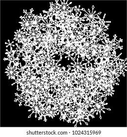 Winter Background with Doodle Snowflakes. Black and White Christmas Decoration. Cute Vector Pattern for Card, Poster, Banner. Frosty Cartoon Background in Trendy Style. Simple Hand Drawn Snowflakes