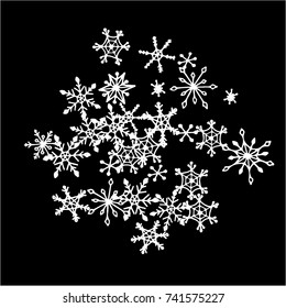 Winter Background with Doodle Snowflakes. Black and White Christmas Decoration. Cute Vector Pattern for Card, Poster, Banner. Frosty Cartoon Background in Trendy Style. Simple Hand Drawn Snowflakes