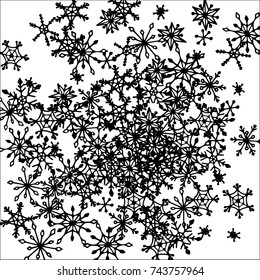 Winter Background with Doodle Snowflakes. Black and White Christmas Decoration. Cute Vector Pattern for Card, Poster, Banner. Frosty Cartoon Background in Trendy Style. Simple Hand Drawn Snowflakes