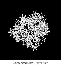 Winter Background with Doodle Snowflakes. Black and White Christmas Decoration. Cute Vector Pattern for Card, Poster, Banner. Frosty Cartoon Background in Trendy Style. Simple Hand Drawn Snowflakes