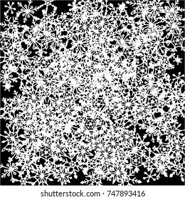 Winter Background with Doodle Snowflakes. Black and White Christmas Decoration. Cute Vector Pattern for Card, Poster, Banner. Frosty Cartoon Background in Trendy Style. Simple Hand Drawn Snowflakes