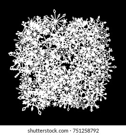 Winter Background with Doodle Snowflakes. Black and White Christmas Decoration. Cute Vector Pattern for Card, Poster, Banner. Frosty Cartoon Background in Trendy Style. Simple Hand Drawn Snowflakes