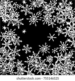 Winter Background with Doodle Snowflakes. Black and White Christmas Decoration. Cute Vector Pattern for Card, Poster, Banner. Frosty Cartoon Background in Trendy Style. Simple Hand Drawn Snowflakes