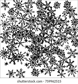 Winter Background with Doodle Snowflakes. Black and White Christmas Decoration. Cute Vector Pattern for Card, Poster, Banner. Frosty Cartoon Background in Trendy Style. Simple Hand Drawn Snowflakes