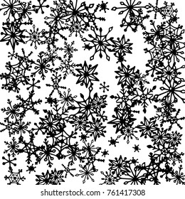 Winter Background with Doodle Snowflakes. Black and White Christmas Decoration. Cute Vector Pattern for Card, Poster, Banner. Frosty Cartoon Background in Trendy Style. Simple Hand Drawn Snowflakes